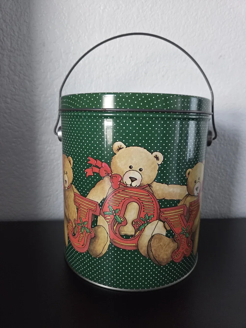 Vintage Holiday Christmas Bear JOY Storage Tin With Handle Green Red Home Decor